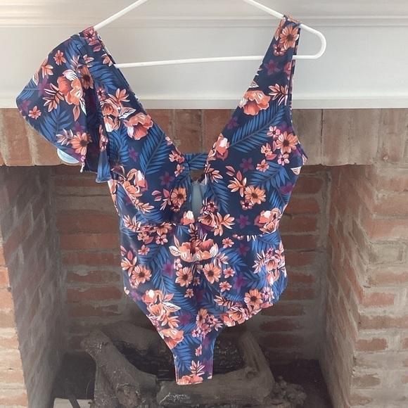 2021 Ruffle Print Floral Swimsuit Solid Deep-V Beachwear Monkini Medium - Picture 2 of 7